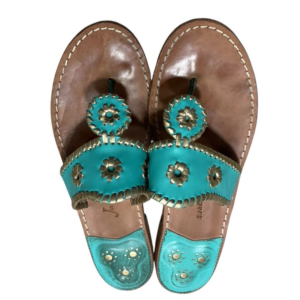 Jack Rogers Jacks Flat Sandals Teal Green Gold Whipstitch Women's 10 Slip On - Picture 2 of 9